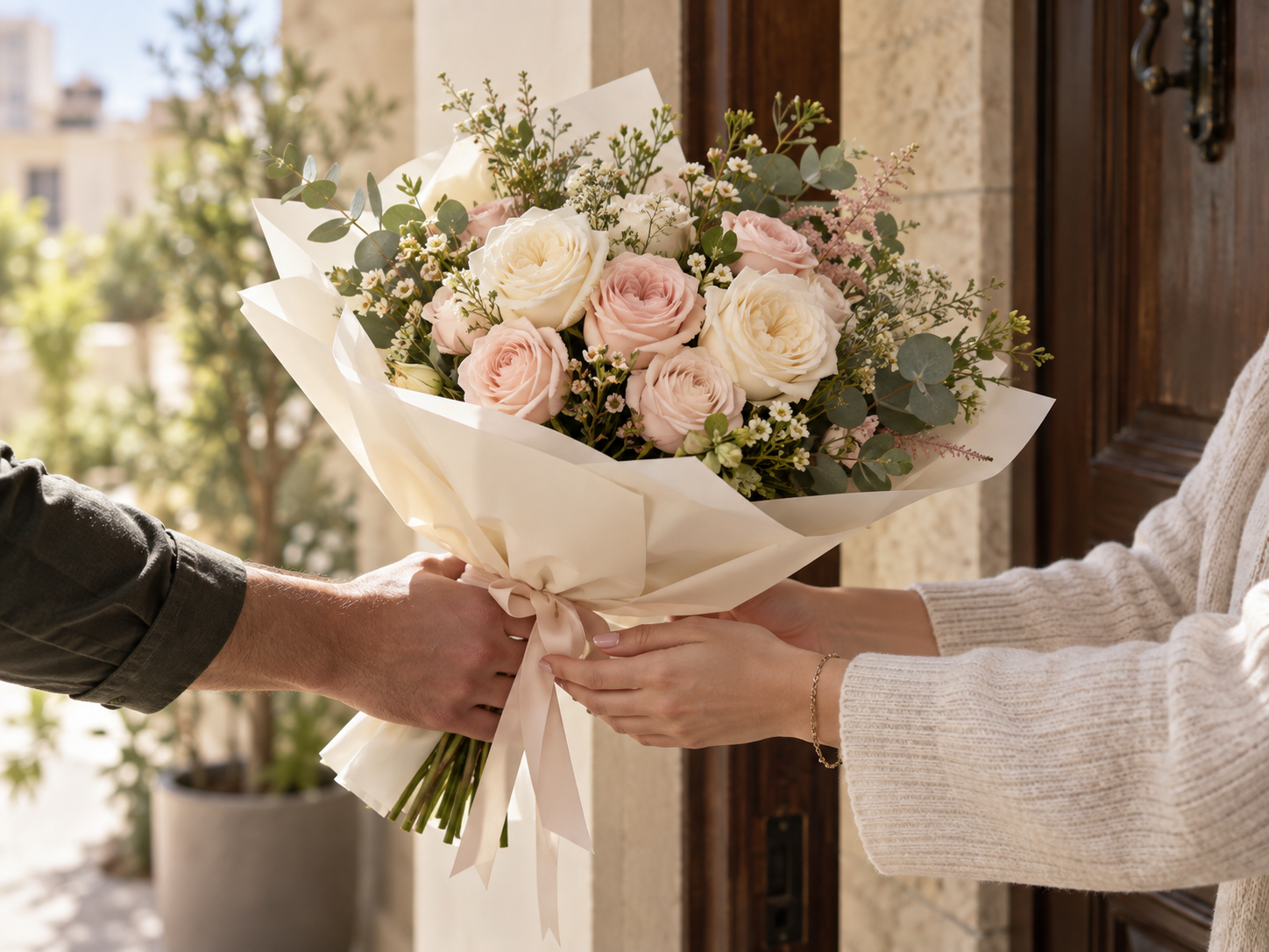 A cream and blush bouquet being handed to someone at their doorway
